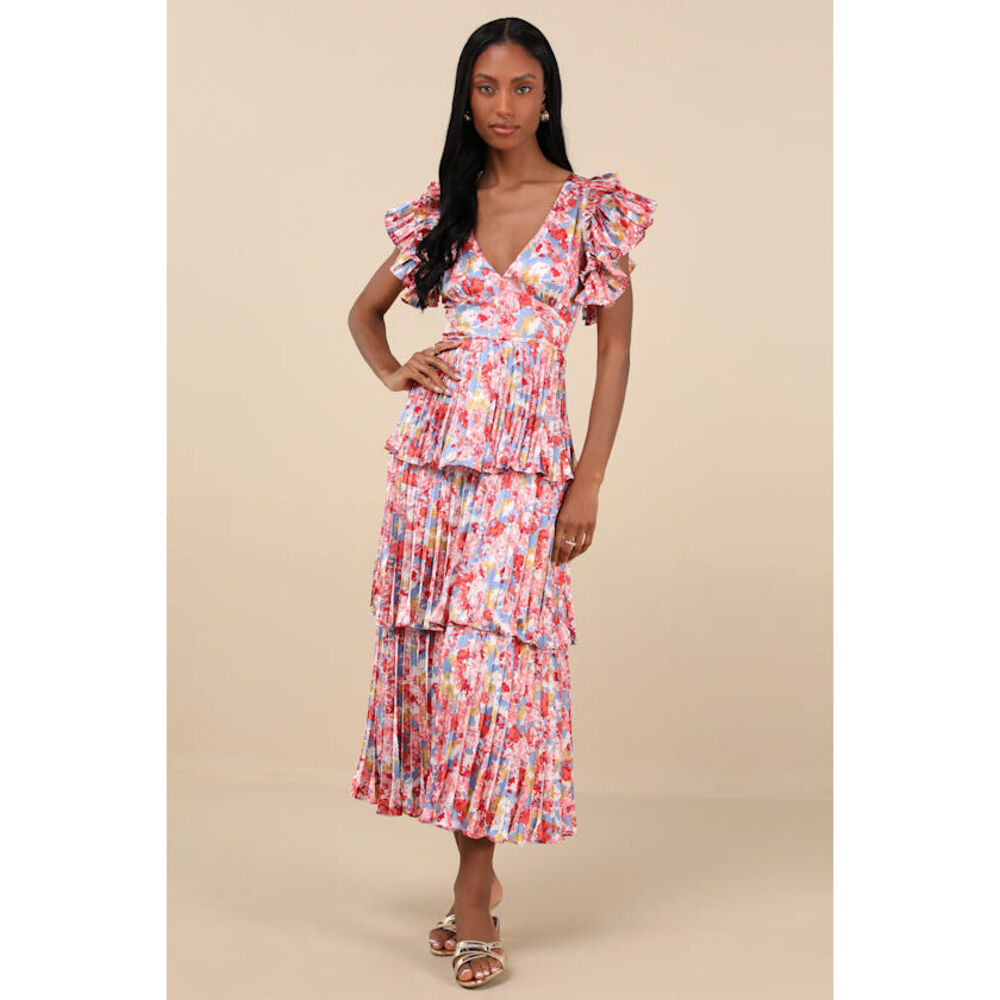 Lulus Stunning Desire Multi Floral Satin Pleated Tiered Midi Dress Other